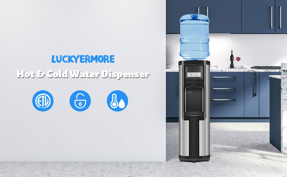 Luckyermore 3-5 Gallon Top Loading Water Dispenser Cooler Hot and Cold with Child Safety Lock, ETL Listed Quiet, Black